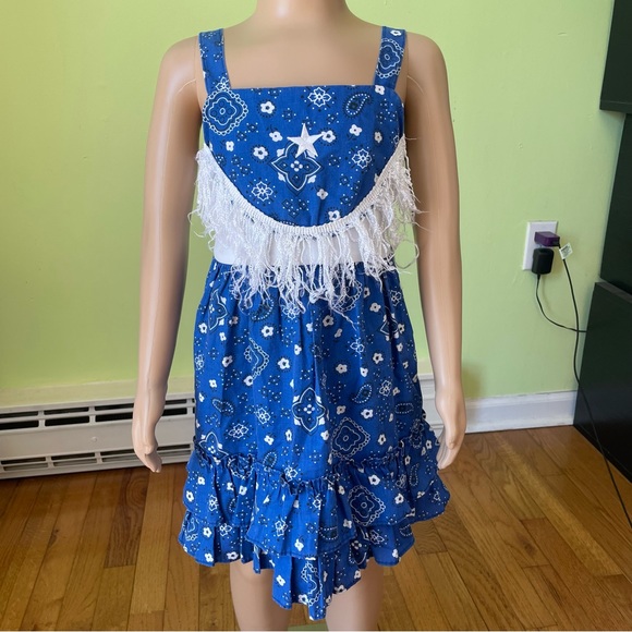 VINTAGE LIDL DOLLY BLUE BANDANA PRINT WESTERN WEAR FRINGE DRESS SIZE 4T - Picture 1 of 10